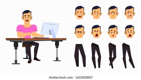 strong cartoon boy worker for animation or motion with different facial emotions and hands. Office worker character set