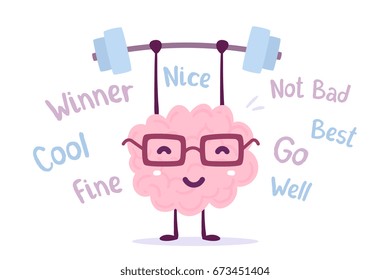 Strong cartoon brain concept. Vector illustration of pink color smile brain with glasses easy lifts weights on white background with tags. Doodle style. Flat style design of character brain for sport