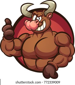 Strong cartoon bull with thumbs up coming out of a circle shaped hole. Vector clip art illustration with simple gradients. All in a single layer.