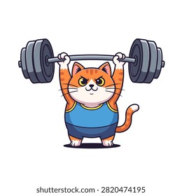 Strong Cartoon Cat Lifting Barbell Gym Workout Funny Fitness Illustration