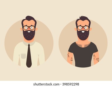 Strong Cartoon Character with a Lot of Tattoos: Work and Leisure. Vector Illustration