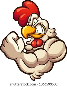 Strong cartoon chicken mascot flexing arm clip art. Vector illustration with simple gradients. All in a single layer. 