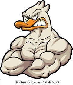 Strong cartoon duck mascot. Vector clip art illustration. All in a single layer.
