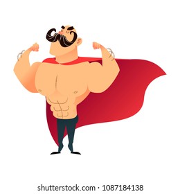 Strong cartoon funny superhero. Power super hero man with cape. Flat vector athlete character. Muscular brutal athletic guy with mustache. Strongman proudly shows his muscles in strong arms.