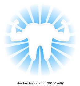 Strong cartoon inflated muscles of a healthy tooth on a blue background