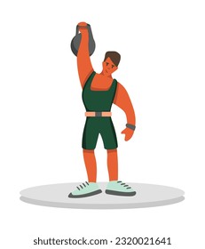 Strong cartoon male bodybuilder lifts dumbbell in gym. Time for javelin throw. Process of doing sports exercises. Active and healthy lifestyle. Vector