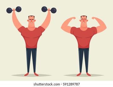 Strong Cartoon Man Exercising with Dumbbells and Showing His Muscles. Vector Illustration