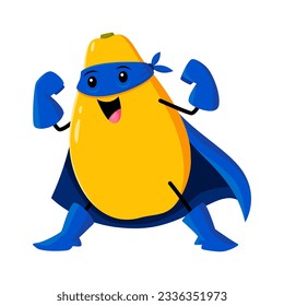 Strong cartoon mango fruit superhero character flexing muscles, displaying power and bravery. Isolated vector tropical fruity personage in blue mask and cape ready to defend city and fight the villain