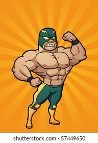 Strong cartoon Mexican wrestler. Vector illustration with simple gradients. Character and background are on separate layers for easy editing.