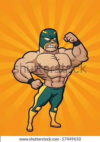 Strong cartoon Mexican wrestler. Vector illustration with simple gradients. Character and background are on separate layers for easy editing.
