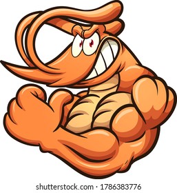 Strong cartoon shrimp mascot flexing its arm. Vector clip art illustration with simple gradients. All on a single layer. 
