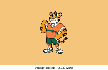 Fuerte personaje de tigre de dibujos animados en traje deportivo