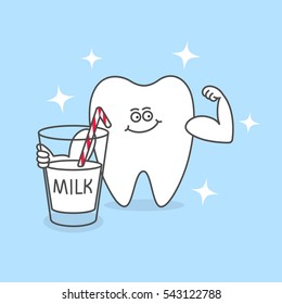 Strong cartoon tooth with a glass of milk and muscles. Dental care and hygiene icon. Good food for your teeth. Dental illustration for kids.