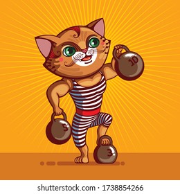 Strong cat. Illustration in orange tones.