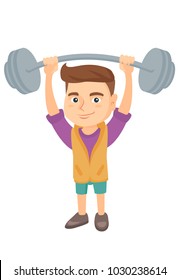 Strong caucasian child lifting a heavy weight barbell. Little boy in sportswear training with barbell. Happy boy holding a barbell. Vector sketch cartoon illustration isolated on white background.