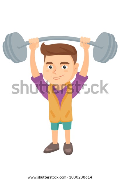 強い白人の子供が重いバーベルを持ち上げた バーベルでスポーツウェアの小さな男の子を鍛える バーベルを持つ幸せな少年 白い背景にベクタースケッチの漫画 イラスト のベクター画像素材 ロイヤリティフリー