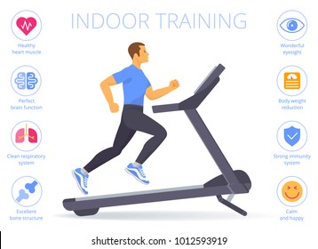 Strong caucasian man is running on the treadmill. Flat vector illustration of athletic adult boy in the sportswear doing exercises on the treadmill. Indoor training concept isolated on white.