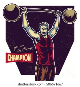 Strong champion macho man lifting weights or barbell. Vector illustration. Isolated artwork object. Suitable for and any print media need.