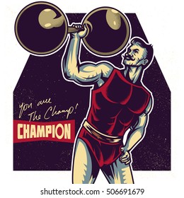 Strong champion macho man lifting weights or barbell. Vector illustration. Isolated artwork object. Suitable for and any print media need.