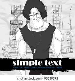 Strong character on a street-background. Vector. Place for your text.