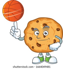 a strong chocolate chips cookies cartoon character with a basketball