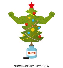 Strong Christmas tree. Bodybuilder perennial plant athlete with big muscles. Festive grower Bank protein. Sport nutrition and new year. Decorated fir-tree on steroids. athletic wood for winter holiday