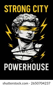 Strong City Glitch Statue T-Shirt Design – Electric Power Urban Style Vector