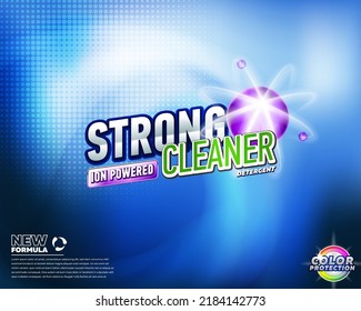 Strong cleaner detergent product packaging label design. Liquid soap powder or fabric softener vector packaging template. Antibacterial detergent design. Best for branding or advertising