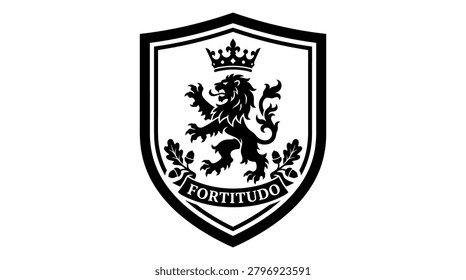 Strong coat of arms design symbolizing courage and fortitude. Perfect for security companies, academic institutions, and traditional business branding.