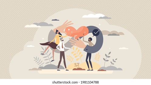 Strong community and connection between races and genders tiny person concept. Cooperation and strong union as partnership and solidarity symbol vector illustration. Infinity love, care and support.