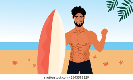 Um homem forte e confiante mostrando músculos enquanto está perto da prancha de surfe