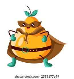 Strong and confident pear superhero with a brown mask and cape. Cheerful and bold fruit character standing proudly. Ideal for healthy eating campaigns, children's media, and creative branding.