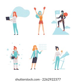 Strong and Confident Woman Engaged in Goal Achievement Vector Set