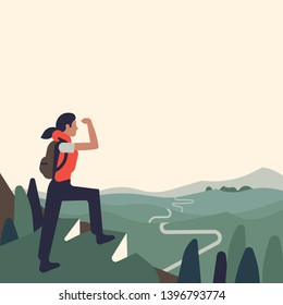 Strong confident woman standing on verge of mountain observing road ahead vector illustration with copy space