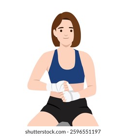 Strong and confident woman wraps her hands in preparation for a fight. Flat vector illustration isolated on white background