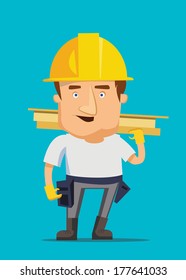 Strong construction worker building and golding iron bar on a real estate vector illustration