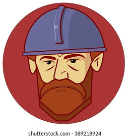 strong construction worker face in hard hat on red background