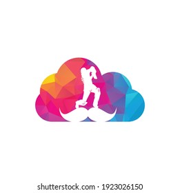 Strong cricket cloud shape concept vector logo design. Moustache and cricket player vector icon design.