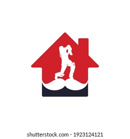 Strong cricket home shape concept vector logo design. Moustache and cricket player vector icon design.