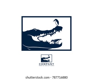 Strong Crocodile and Little Bird on the Mouth Illustration Symbol Modern Logo Square Vector