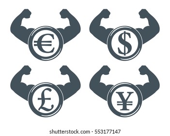 Strong currency icon set – euro, dollar, pound, yen. Coin with strong arms – increasing currency concept. Icon vector illustration