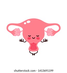 Strong cute healthy happy human uterus organ meditate in lotus yoga pose. Vector flat cartoon illustration character icon design. Isolated on white background. Uterus relax concept