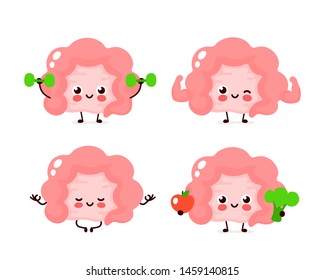 Strong cute healthy happy human intestine organ character set. Vector flat cartoon illustration icon design. Isolated on white background. Healthy human intestine gym,meditate in yoga,sport concept
