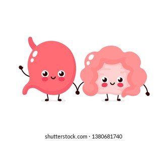 Strong cute healthy happy Intestine gut and stomach character. Vector flat cartoon illustration icon design. Isolated on white background. Digestive tract, gut,Intestine,stomach,colon,bowel concept