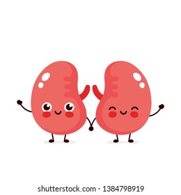 Strong Cute Healthy Happy Kidneys Character. Vector Flat Cartoon Illustration Icon Design. Isolated On White Background. Couple Of Healthy Human Kidney Concept