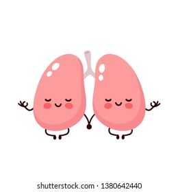 Strong cute healthy happy lungs meditate in lotus yoga pose. Vector flat cartoon illustration character icon design. Isolated on white background. Lungs character concept