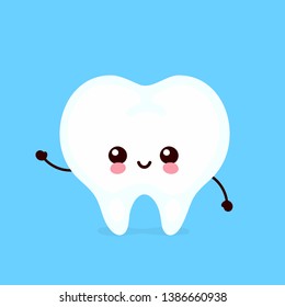 Strong cute healthy happy tooth character. Vector flat cartoon illustration icon design. Isolated on white background. Healthy human tooth concept