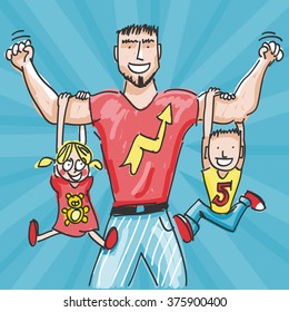 Strong dad playing with children - vector illustration