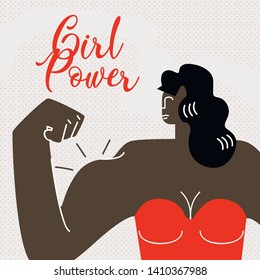 Strong Dark Skin Woman Flat Vector Web Banner. No Racism, Gender Discrimination Poster with Lettering. African American Lady Showing Strength. Beautiful Girl Demonstrating Biceps Muscle