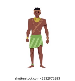 Strong dark-skinned tribal man in jewelry and skirt. Colorful vector illustration African aborigine. Cartoon character in traditional tribal ethnic clothes isolated on white background
